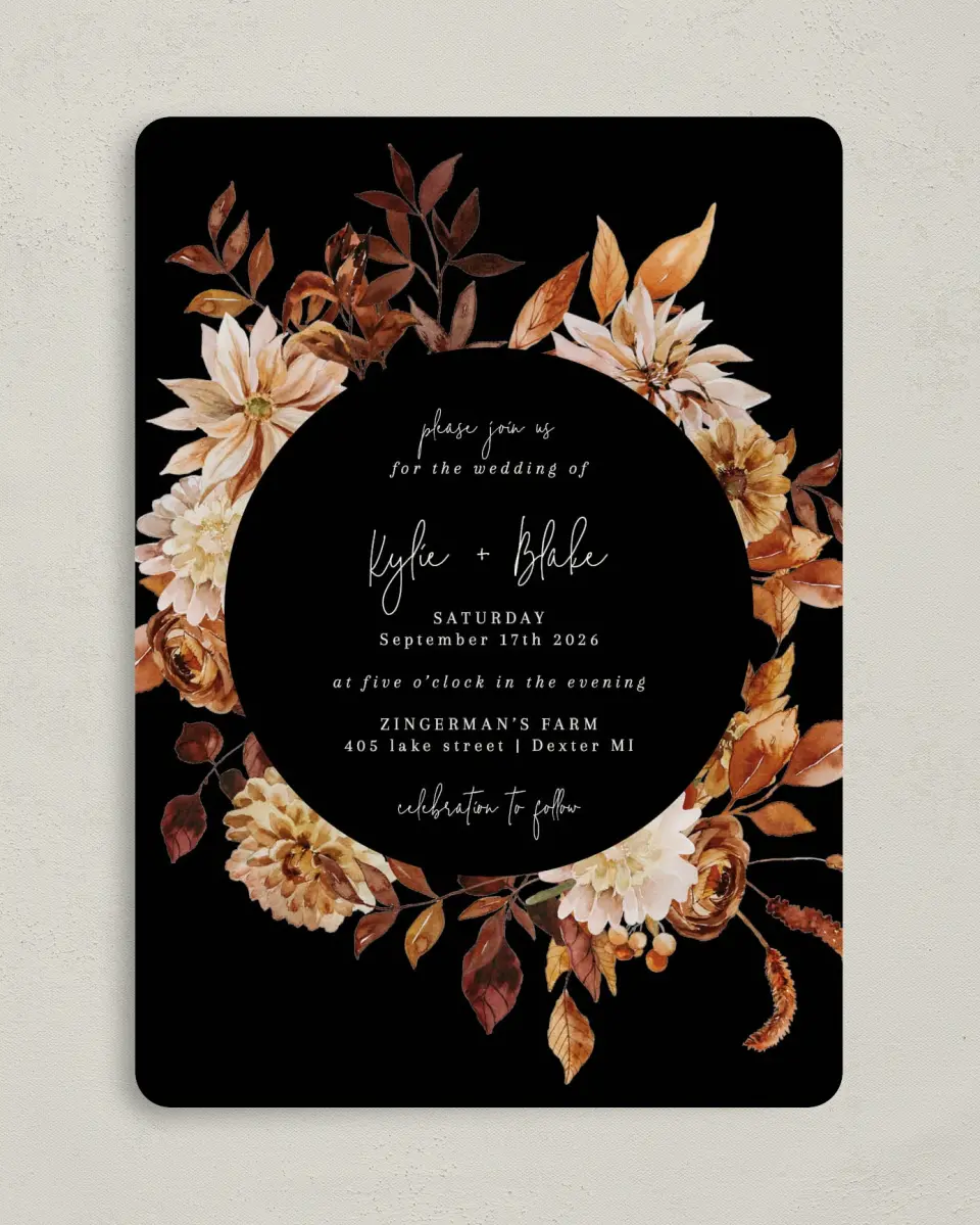This is a 5" x 7" Rounded Wedding Invitation called Country Blooms printed in full color on Premium Smooth paper