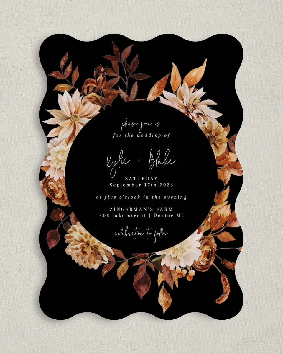 This is a 5" x 7" Wavy Wedding Invitation called Country Blooms printed in full color on Premium Smooth paper