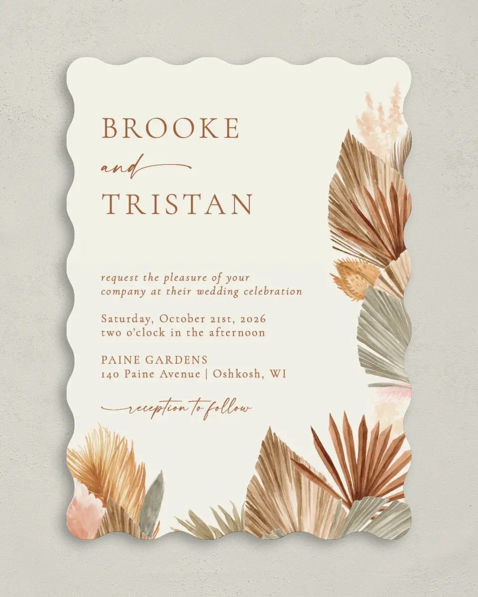 This is a 5" x 7" Wavy Wedding Invitation called Sandy Fronds printed in full color on Premium Smooth paper