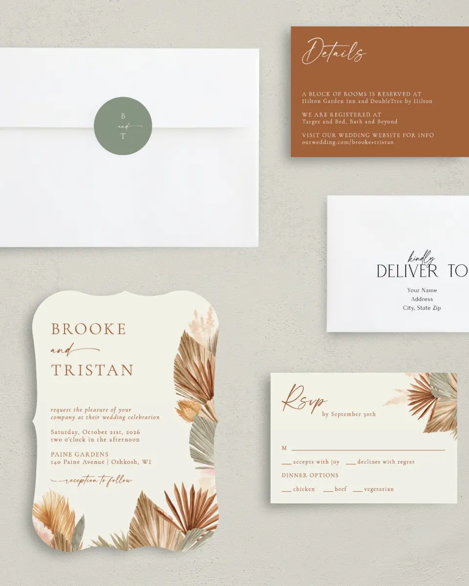 This is a 5" x 7" Bracket Wedding Invitation called Sandy Fronds printed in full color with Silver foil on Luxe Satin (coated) paper