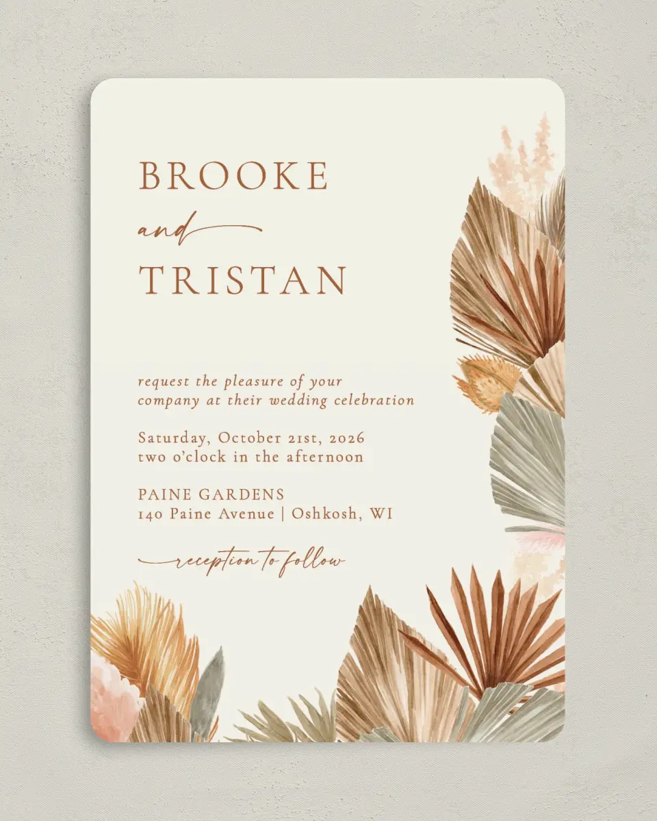 This is a 5" x 7" Rounded Wedding Invitation called Sandy Fronds printed in full color on Premium Smooth paper
