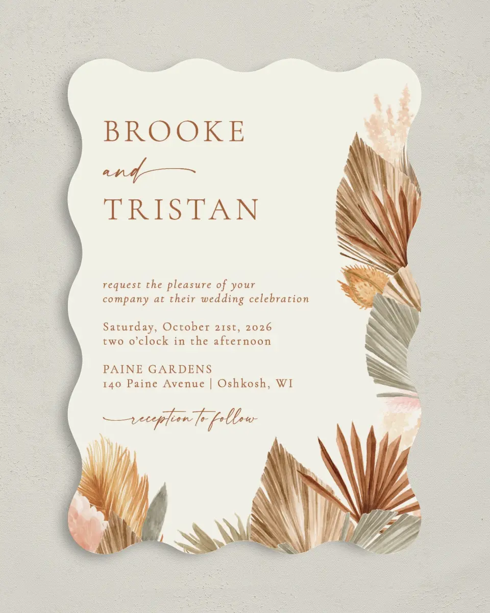 This is a 5" x 7" Wavy Wedding Invitation called Sandy Fronds printed in full color on Premium Smooth paper