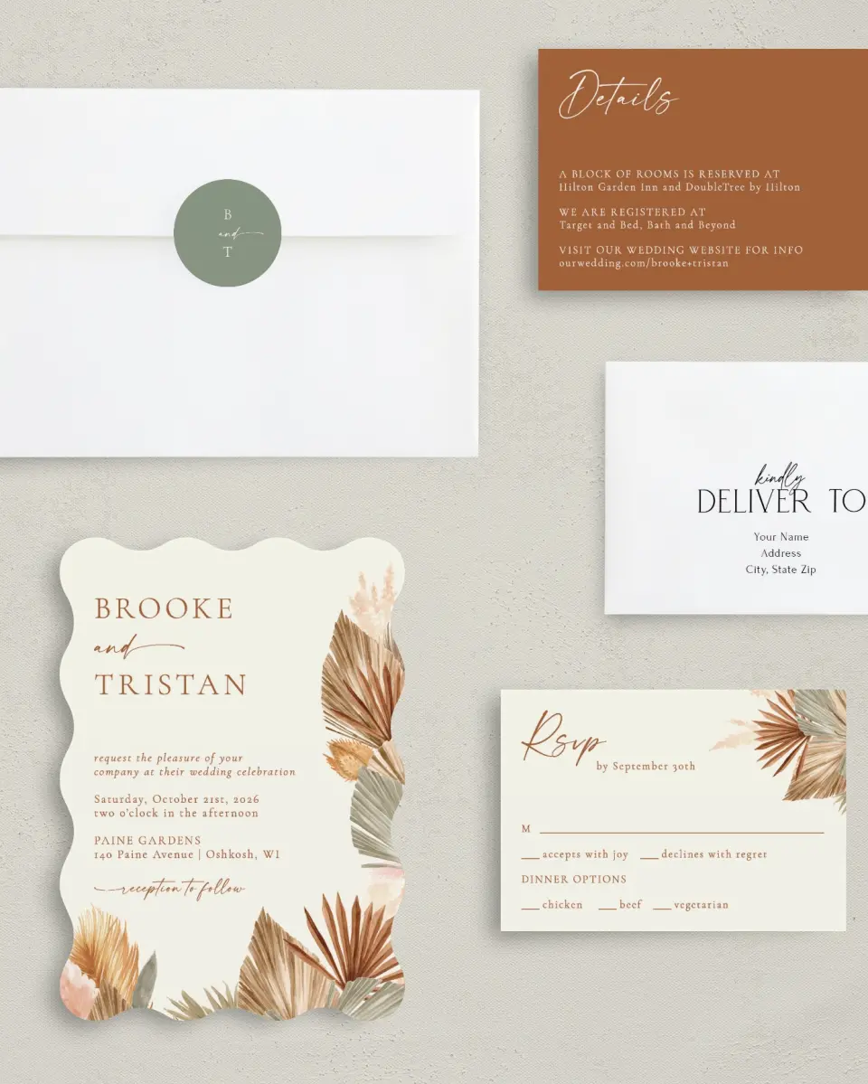 This is a 5" x 7" Wavy Wedding Invitation called Sandy Fronds printed in full color with Silver foil on Luxe Satin (coated) paper