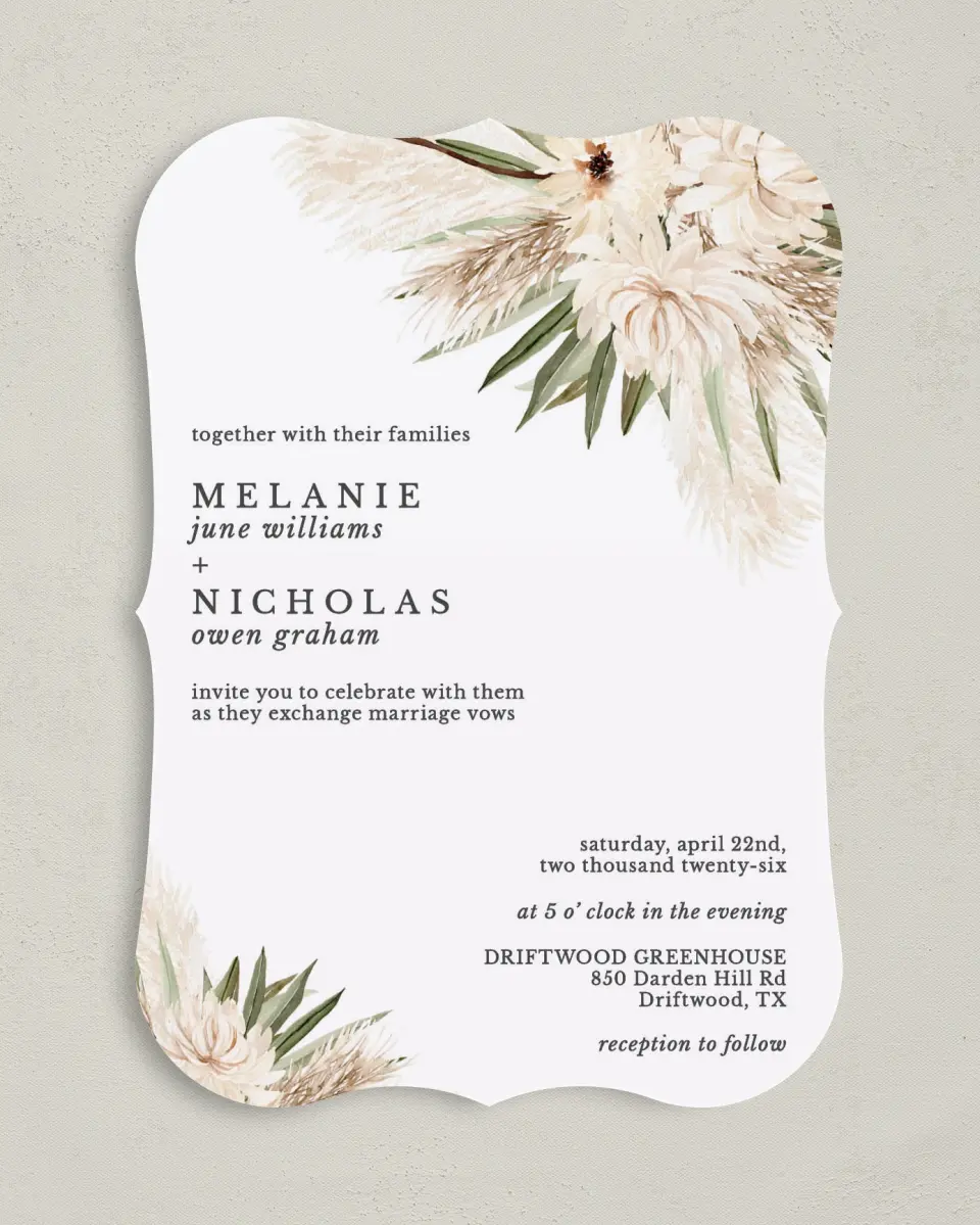 This is a 5" x 7" Bracket Wedding Invitation called Natural Boho printed in full color with Silver foil on Luxe Satin (coated) paper
