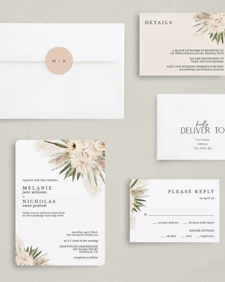 This is a 5" x 7" Rounded Wedding Invitation called Natural Boho printed in full color on Premium Smooth paper