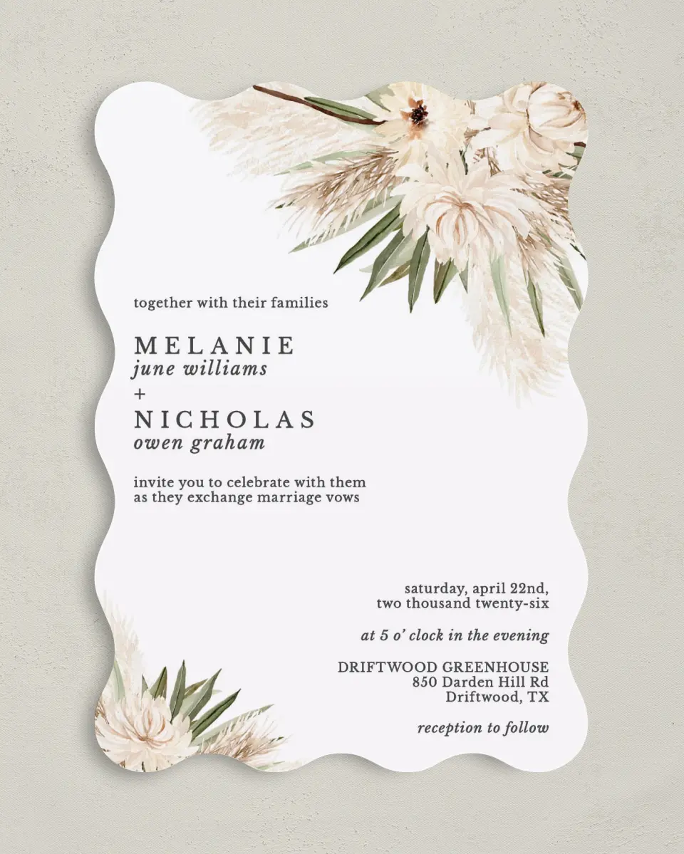 This is a 5" x 7" Wavy Wedding Invitation called Natural Boho printed in full color on Premium Smooth paper
