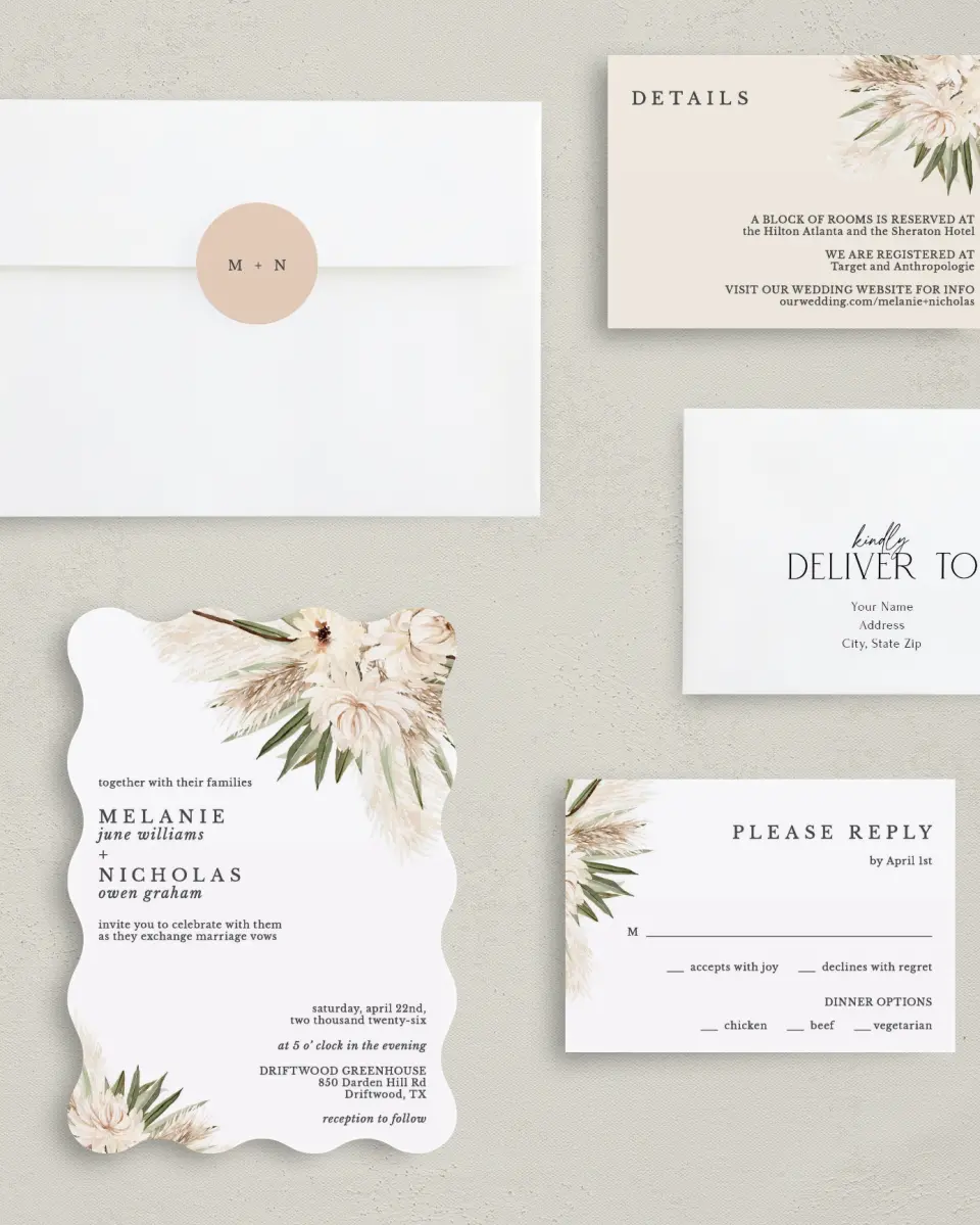 This is a 5" x 7" Wavy Wedding Invitation called Natural Boho printed in full color on Premium Smooth paper