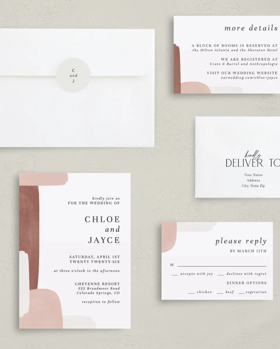 This is a 5" x 7" Classic Wedding Invitation called Mod Paint printed in full color with Gold foil on Luxe Satin (coated) paper