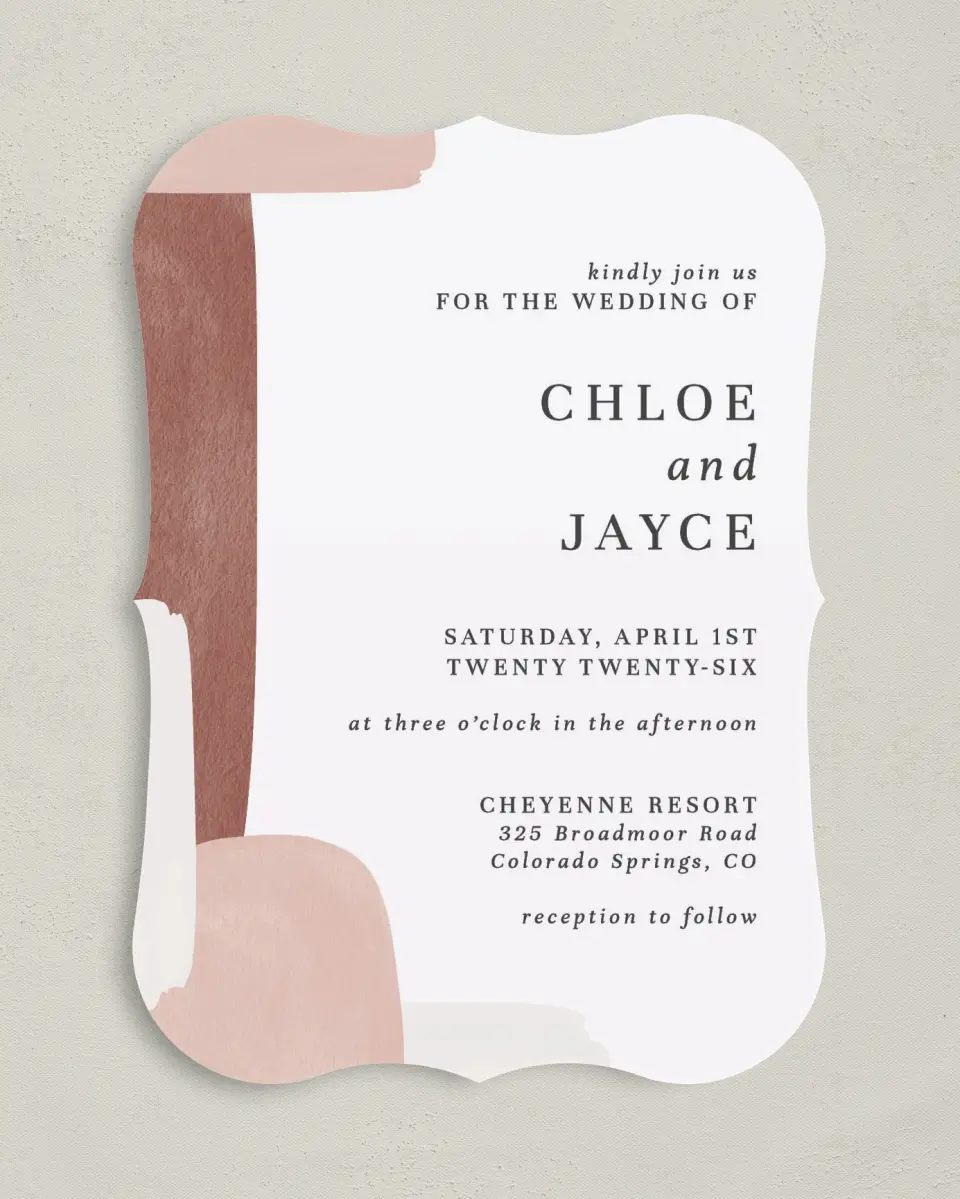 This is a 5" x 7" Bracket Wedding Invitation called Mod Paint printed in full color with Silver foil on Luxe Satin (coated) paper