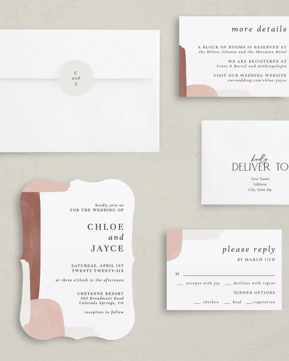 This is a 5" x 7" Bracket Wedding Invitation called Mod Paint printed in full color with Silver foil on Luxe Satin (coated) paper