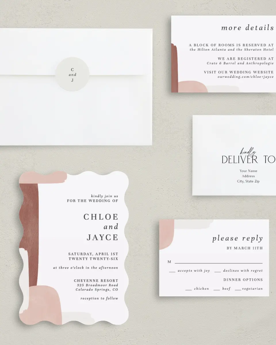 This is a 5" x 7" Wavy Wedding Invitation called Mod Paint printed in full color with Silver foil on Luxe Satin (coated) paper
