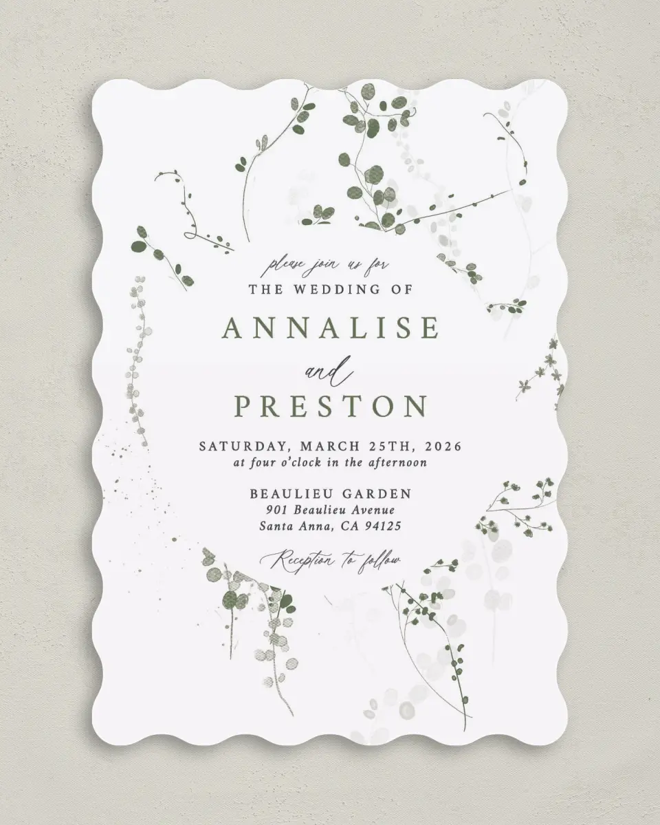 This is a 5" x 7" Wavy Wedding Invitation called Fresh Tendrils printed in full color on Premium Smooth paper