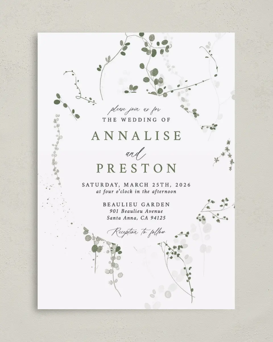 This is a 5" x 7" Classic Wedding Invitation called Fresh Tendrils printed in full color on Premium Smooth paper