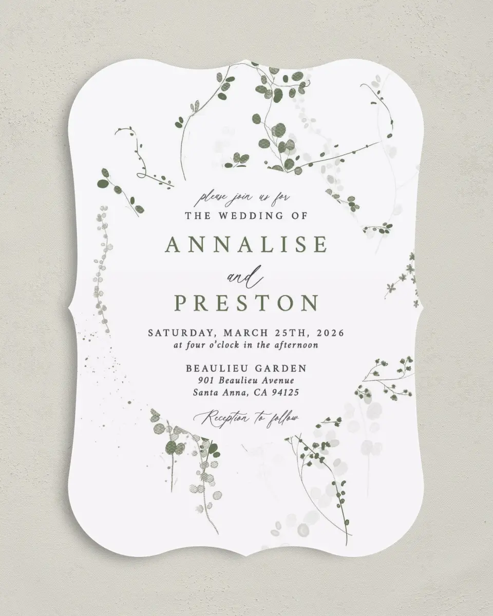 This is a 5" x 7" Bracket Wedding Invitation called Fresh Tendrils printed in full color with Silver foil on Luxe Satin (coated) paper
