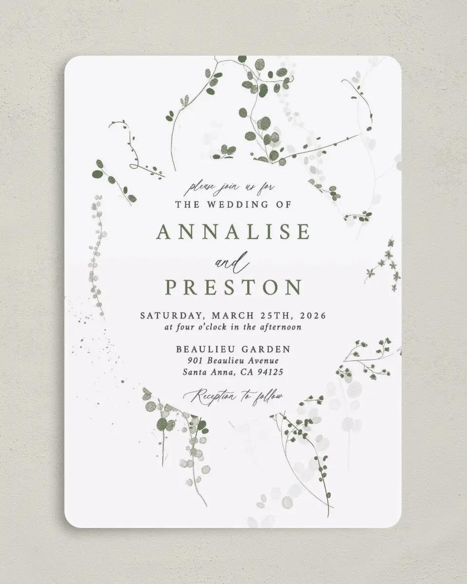 This is a 5" x 7" Rounded Wedding Invitation called Fresh Tendrils printed in full color on Premium Smooth paper