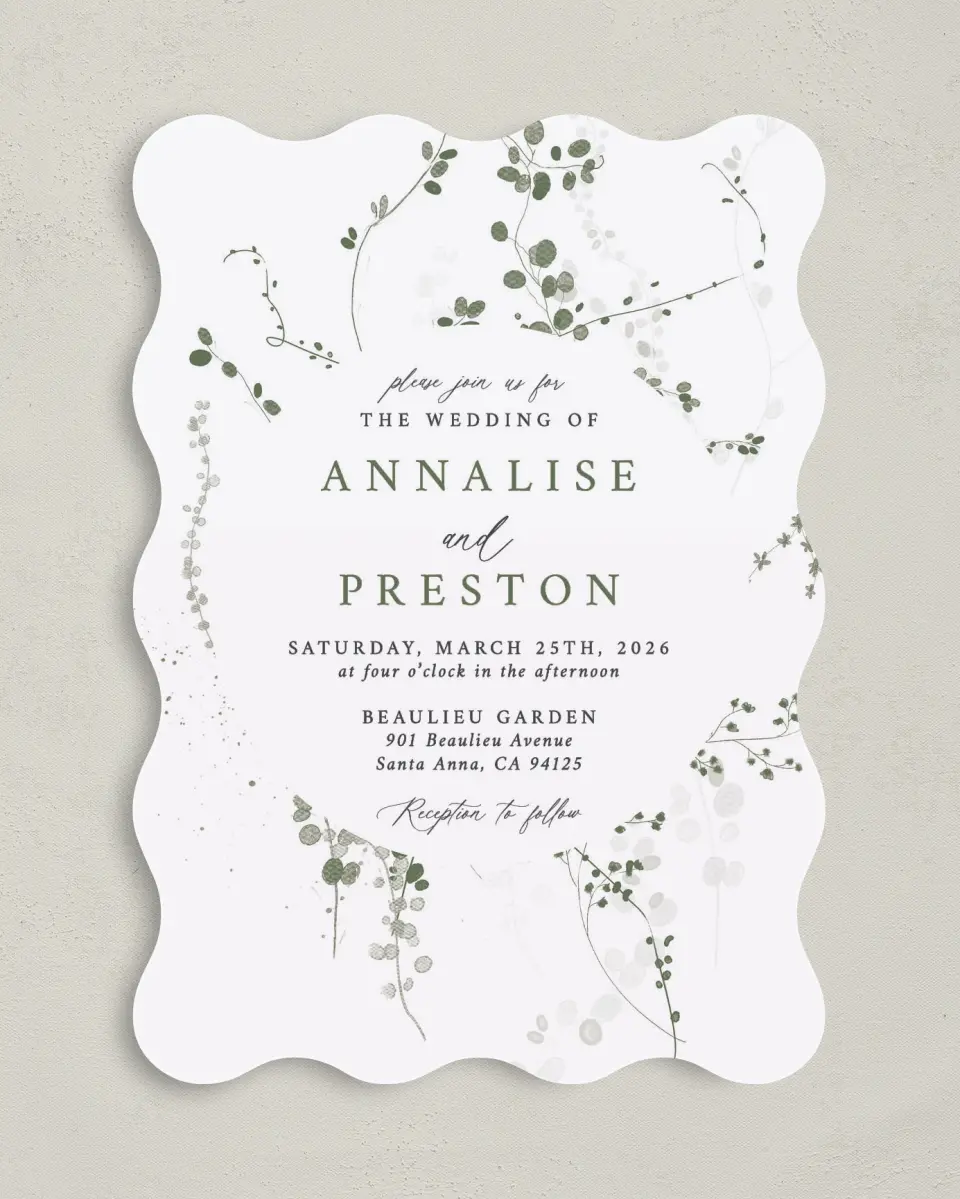 This is a 5" x 7" Wavy Wedding Invitation called Fresh Tendrils printed in full color on Premium Smooth paper