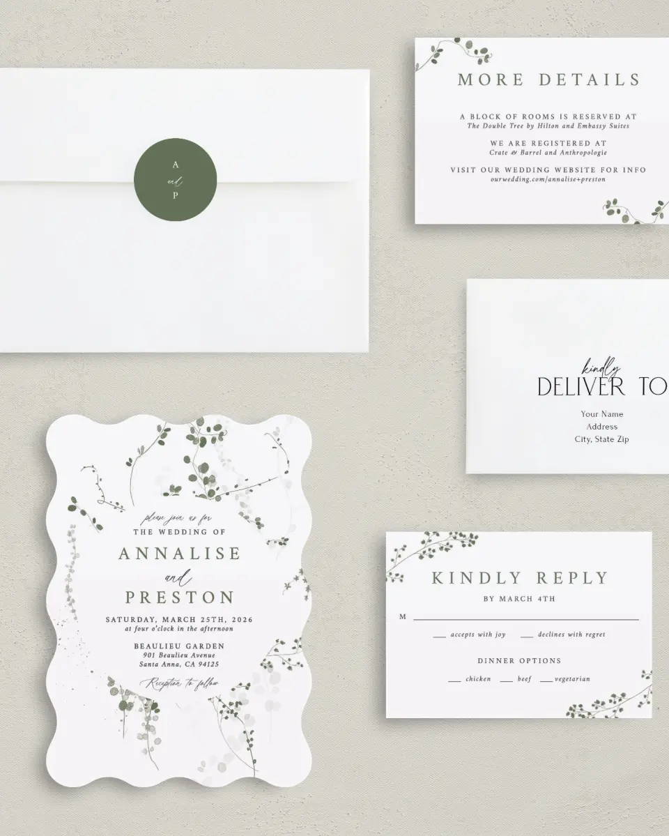 This is a 5" x 7" Wavy Wedding Invitation called Fresh Tendrils printed in full color on Premium Smooth paper