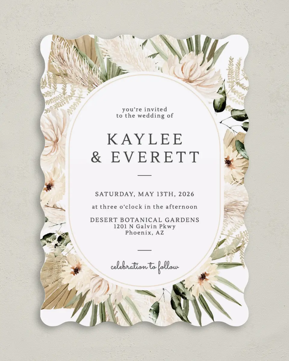 This is a 5" x 7" Wavy Wedding Invitation called Serene Flora printed in full color on Premium Smooth paper