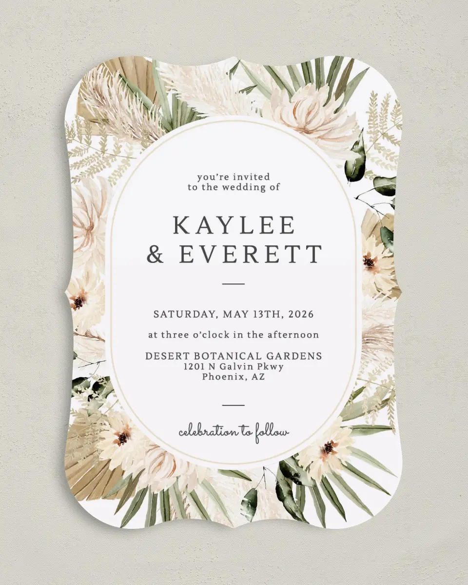 This is a 5" x 7" Bracket Wedding Invitation called Serene Flora printed in full color on Premium Smooth paper