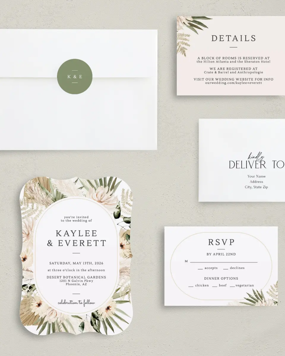 This is a 5" x 7" Bracket Wedding Invitation called Serene Flora printed in full color with Silver foil on Luxe Satin (coated) paper