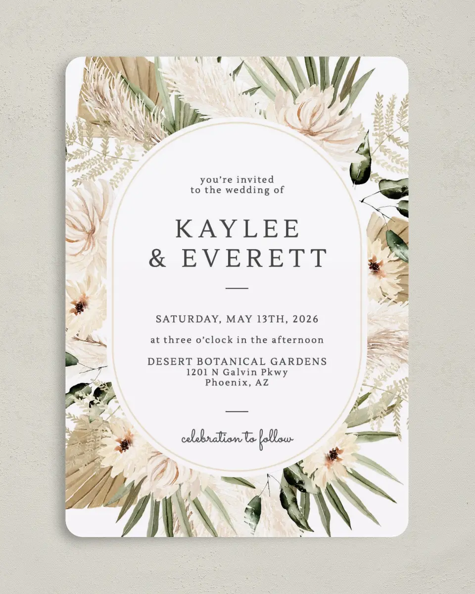 This is a 5" x 7" Rounded Wedding Invitation called Serene Flora printed in full color on Premium Smooth paper