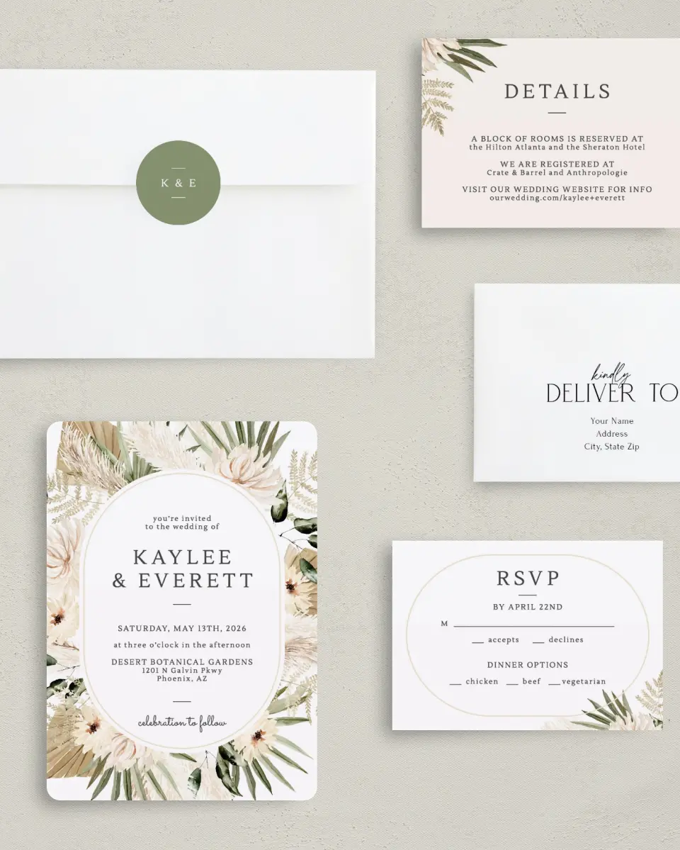 This is a 5" x 7" Rounded Wedding Invitation called Serene Flora printed in full color on Premium Smooth paper