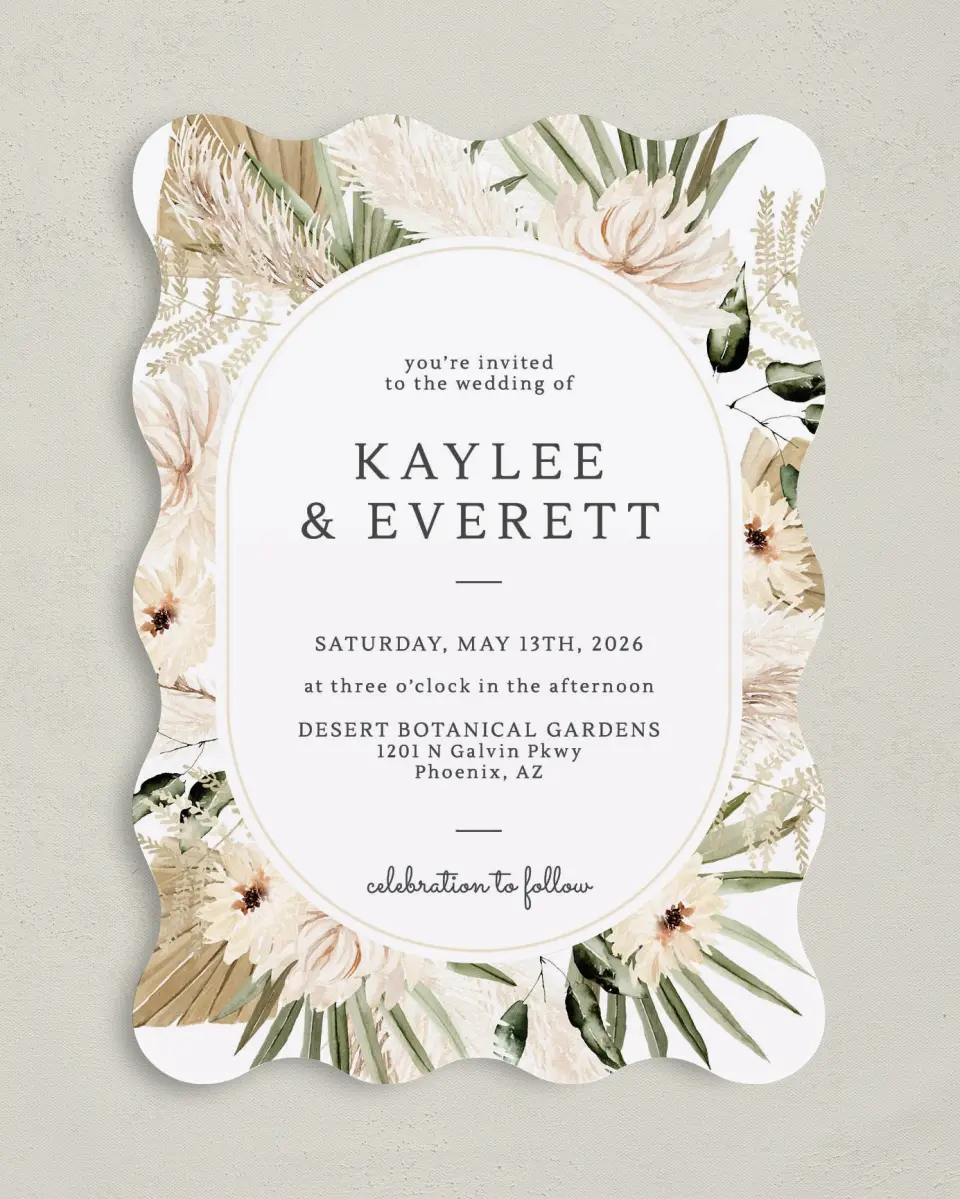 This is a 5" x 7" Wavy Wedding Invitation called Serene Flora printed in full color on Premium Smooth paper