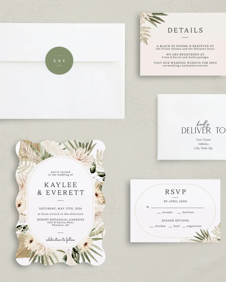 This is a 5" x 7" Wavy Wedding Invitation called Serene Flora printed in full color on Premium Smooth paper