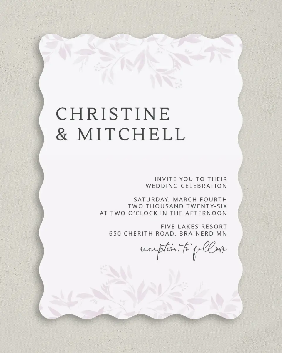 This is a 5" x 7" Wavy Wedding Invitation called Lush Leaves printed in full color on Premium Smooth paper