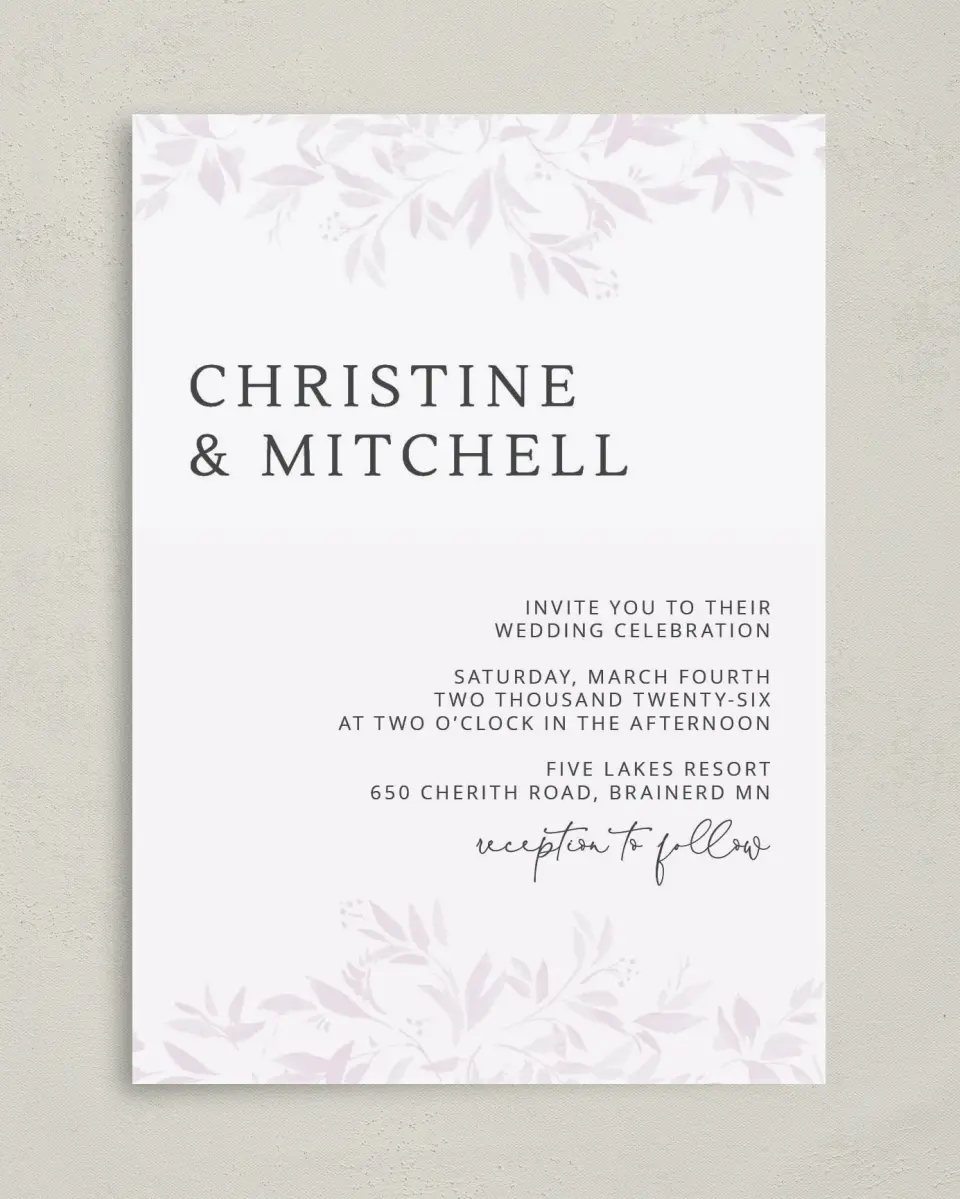 This is a 5" x 7" Classic Wedding Invitation called Lush Leaves printed in full color on Premium Smooth paper