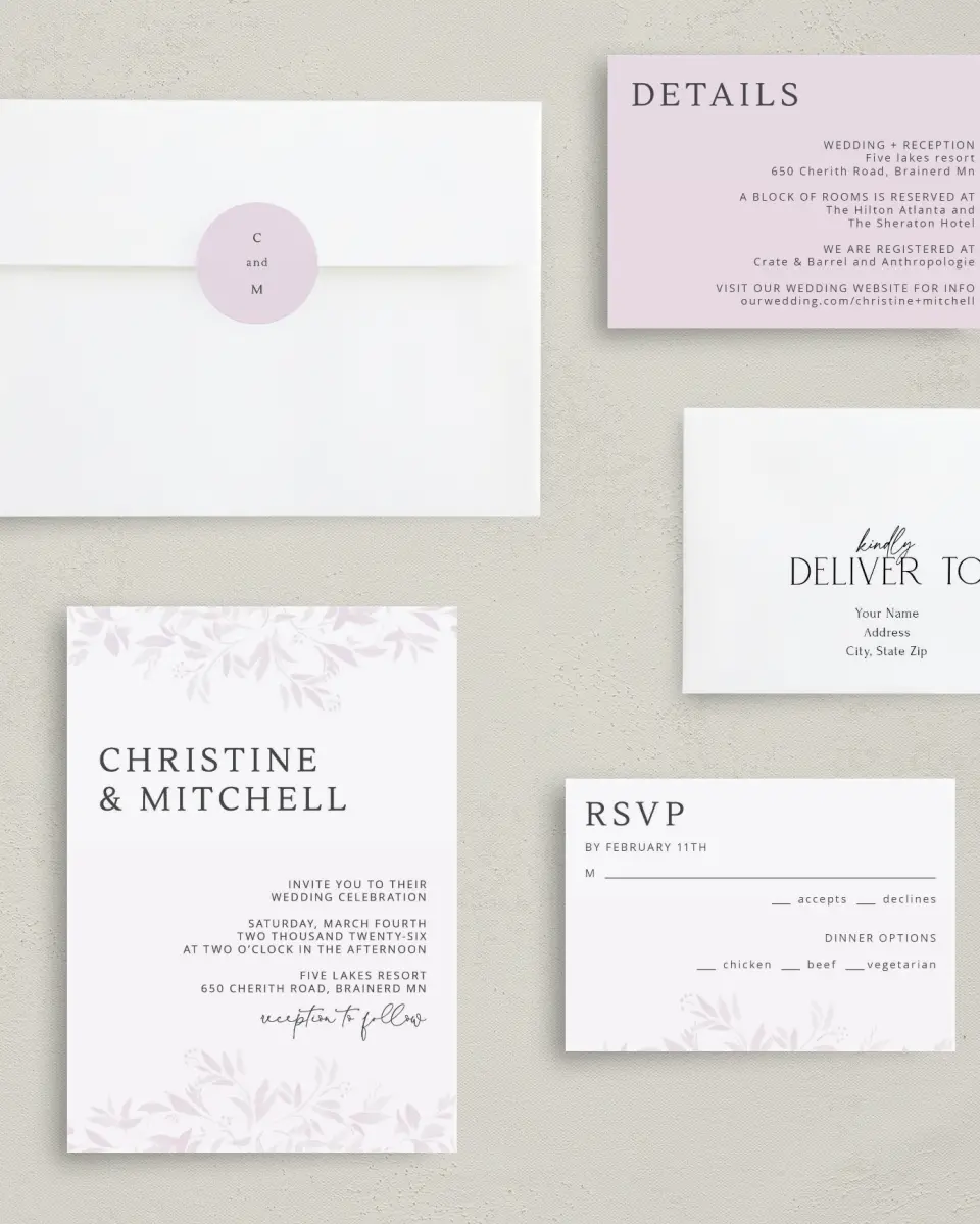 This is a 5" x 7" Classic Wedding Invitation called Lush Leaves printed in full color on Premium Smooth paper