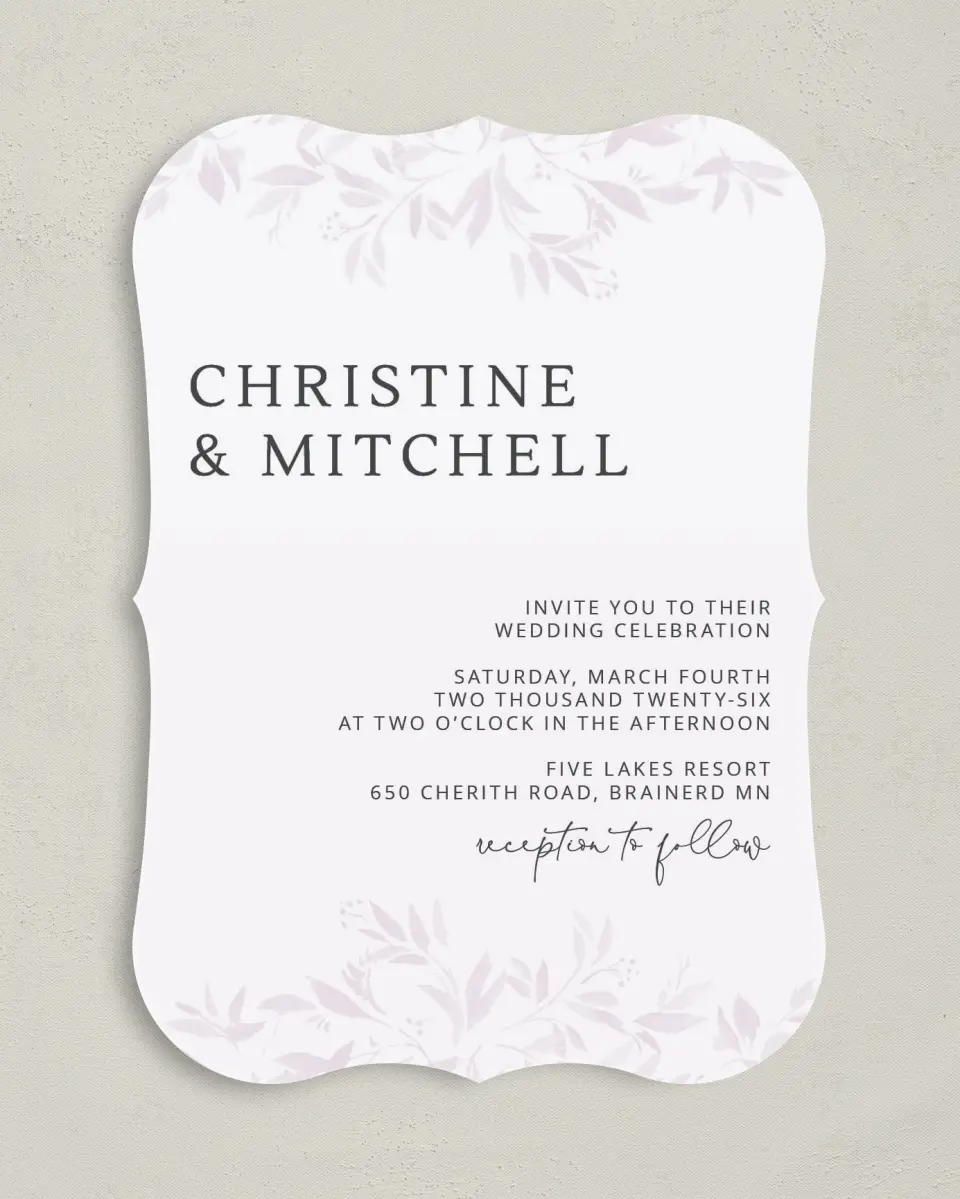 This is a 5" x 7" Bracket Wedding Invitation called Lush Leaves printed in full color on Premium Smooth paper
