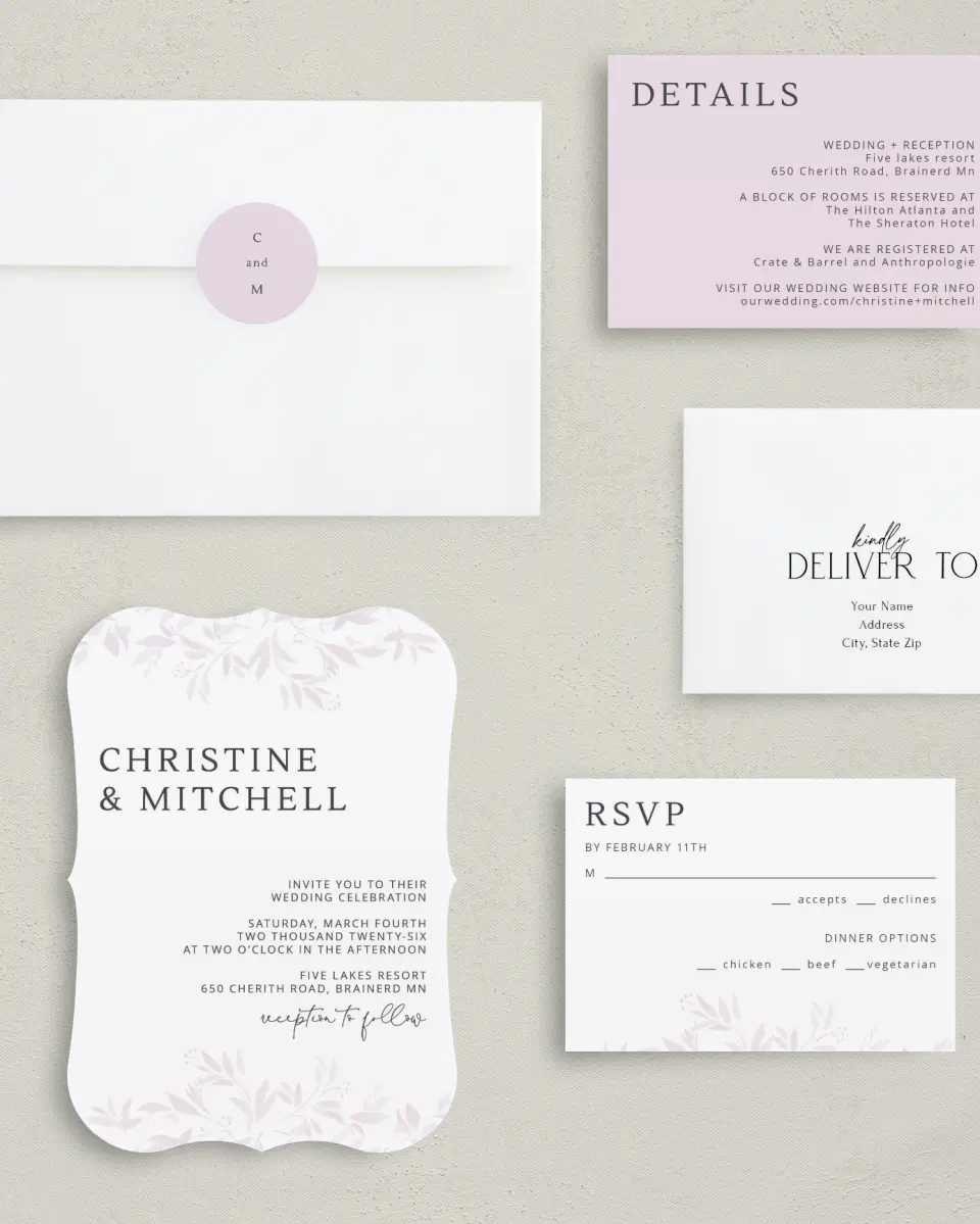 This is a 5" x 7" Bracket Wedding Invitation called Lush Leaves printed in full color with Silver foil on Luxe Satin (coated) paper