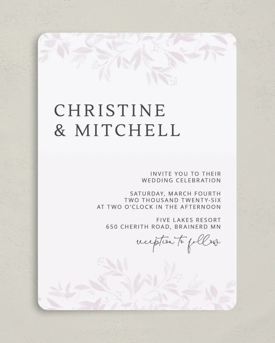This is a 5" x 7" Rounded Wedding Invitation called Lush Leaves printed in full color on Premium Smooth paper