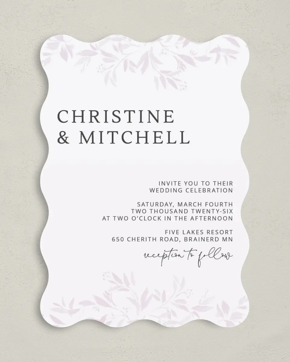 This is a 5" x 7" Wavy Wedding Invitation called Lush Leaves printed in full color on Premium Smooth paper