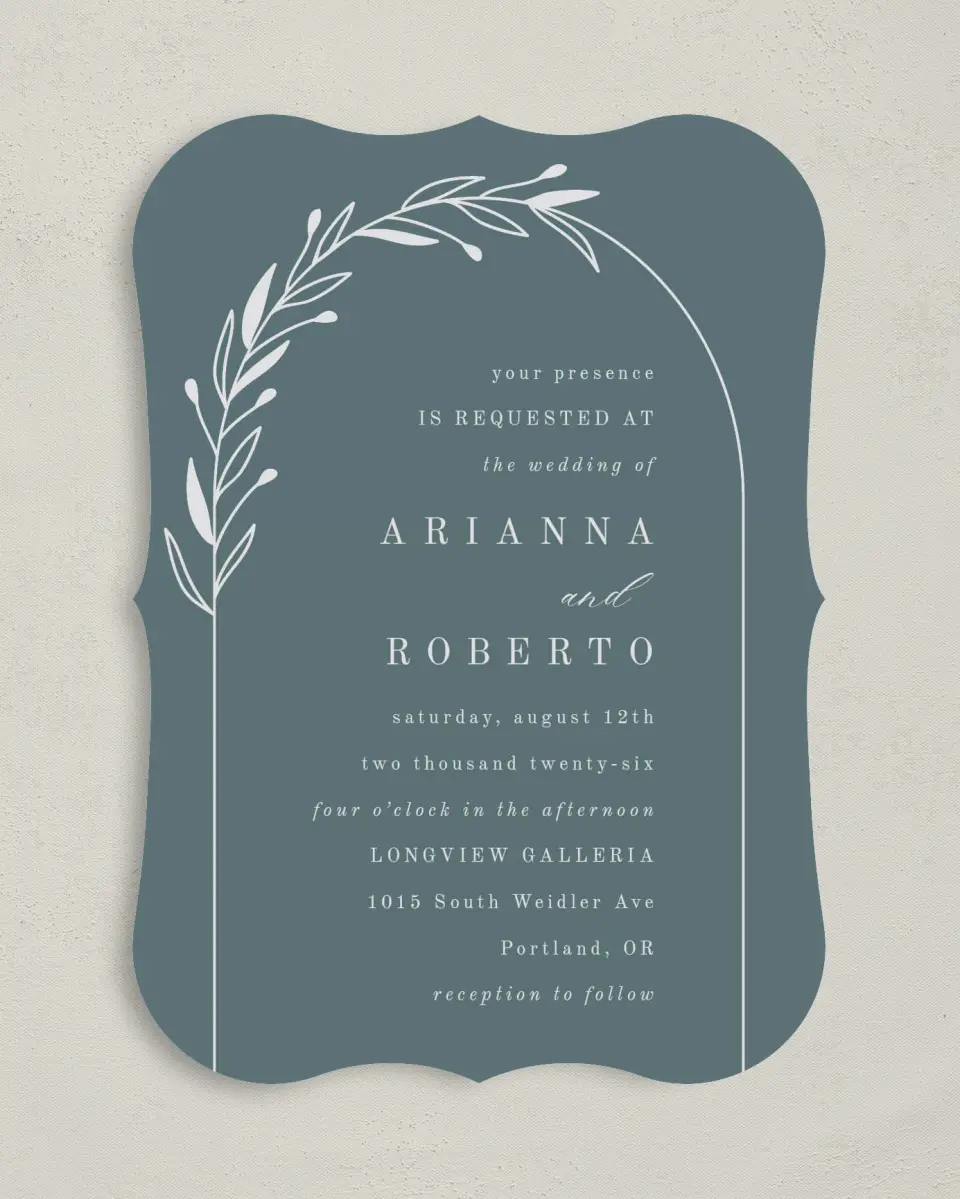 This is a 5" x 7" Bracket Wedding Invitation called Growing Arc printed in full color with Silver foil on Luxe Satin (coated) paper