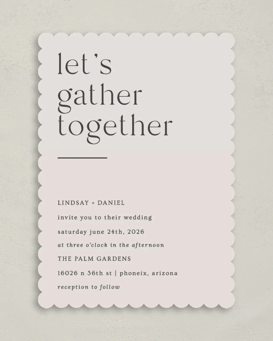 This is a 5" x 7" Classic Wedding Invitation called Simple Gathering printed in full color on Premium Smooth paper