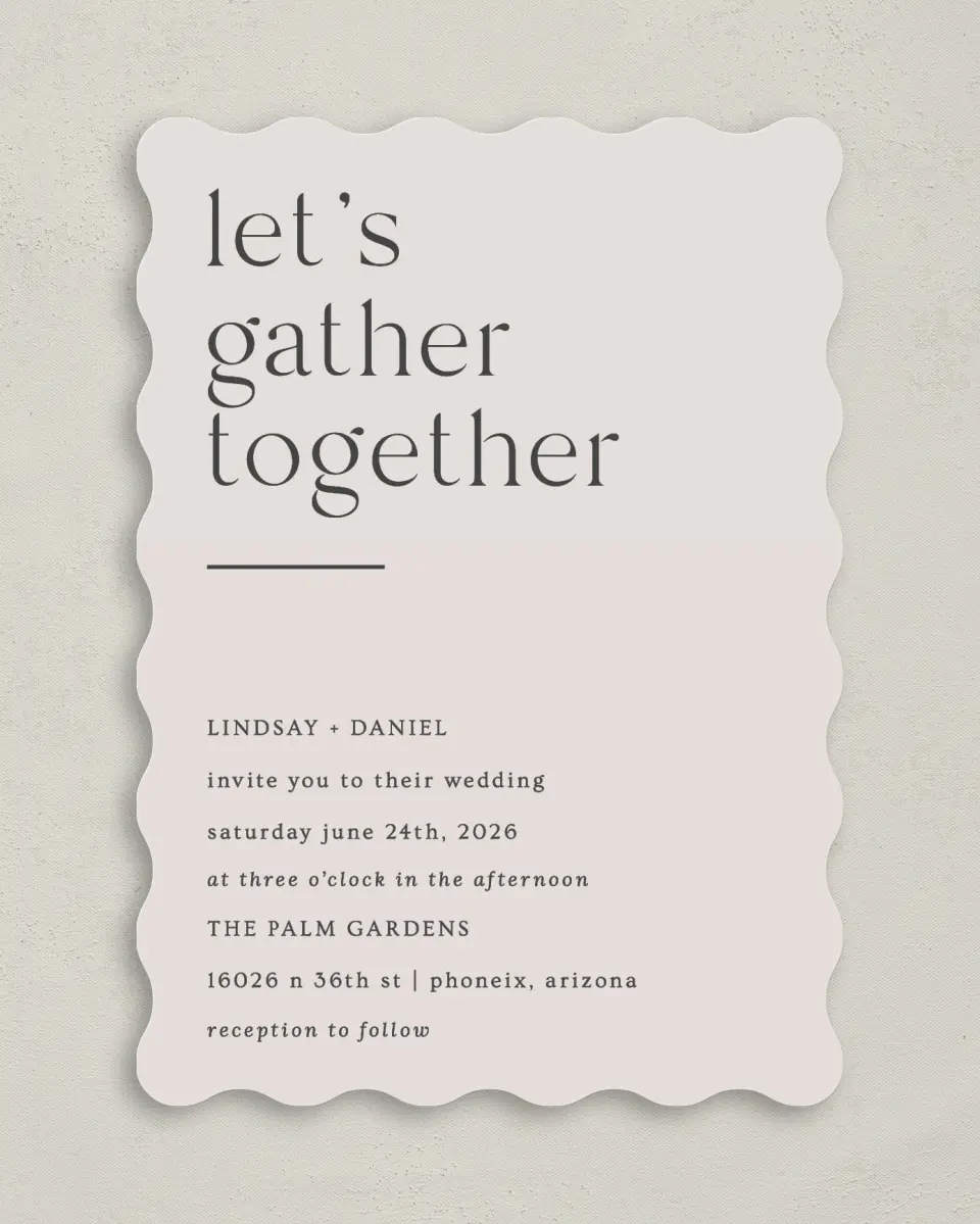This is a 5" x 7" Wavy Wedding Invitation called Simple Gathering printed in full color on Premium Smooth paper