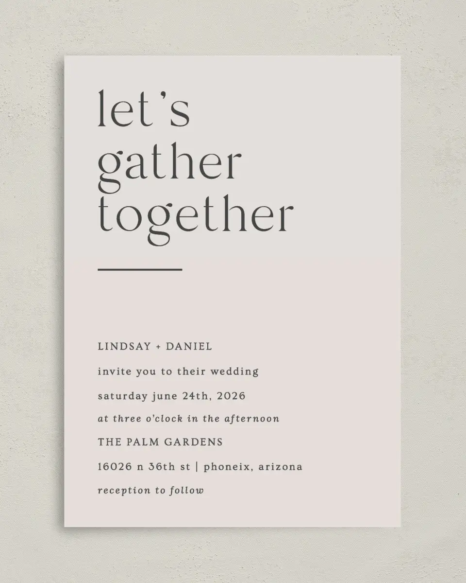 This is a 5" x 7" Classic Wedding Invitation called Simple Gathering printed in full color on Premium Smooth paper