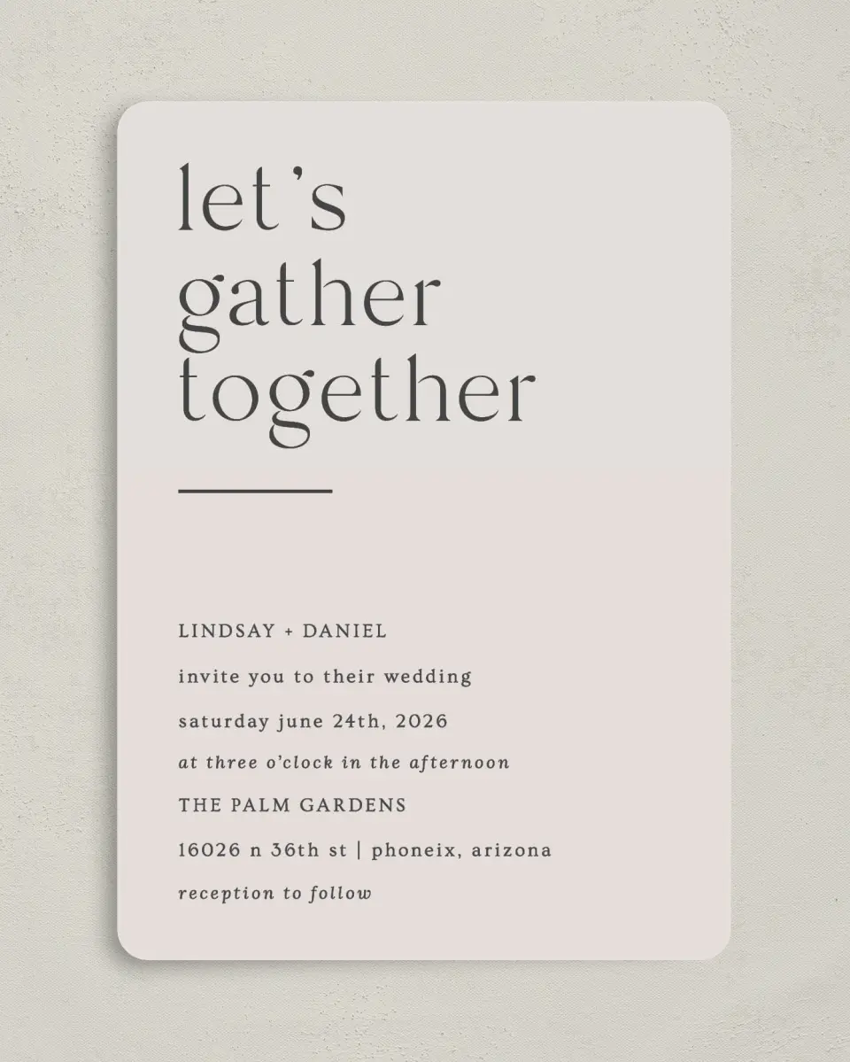 This is a 5" x 7" Rounded Wedding Invitation called Simple Gathering printed in full color on Premium Smooth paper