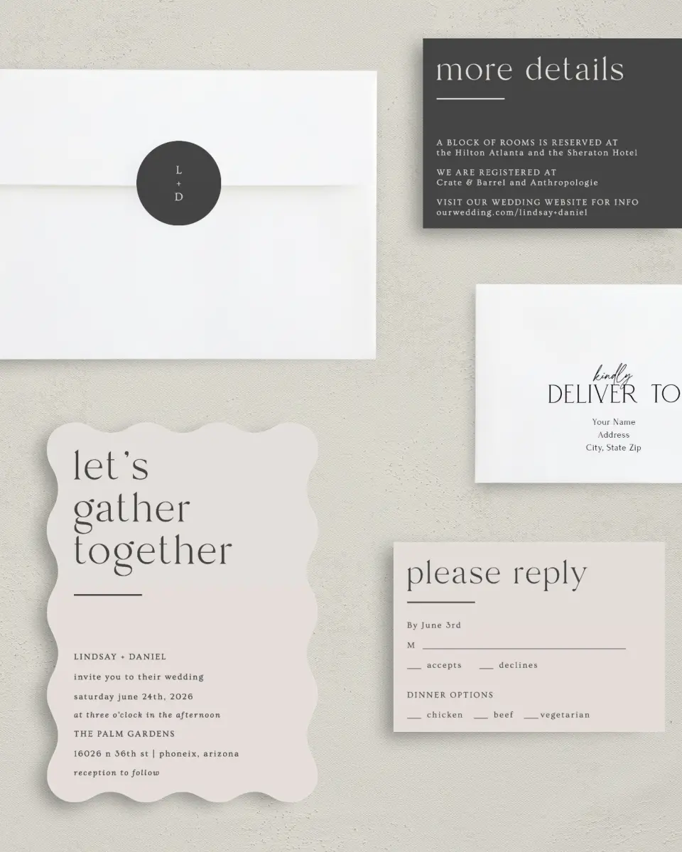 This is a 5" x 7" Wavy Wedding Invitation called Simple Gathering printed in full color with Gold foil on Luxe Satin (coated) paper