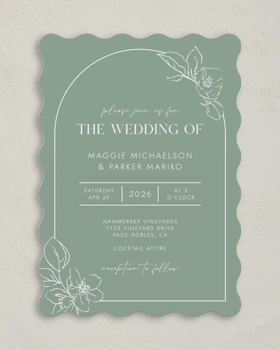 This is a 5" x 7" Wavy Wedding Invitation called Blossoming Arch printed in full color on Premium Smooth paper