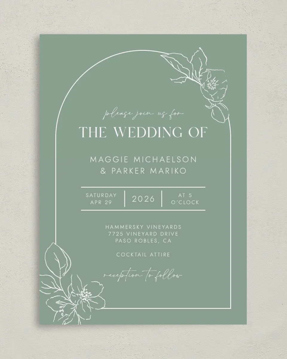 This is a 5" x 7" Classic Wedding Invitation called Blossoming Arch printed in full color on Premium Smooth paper
