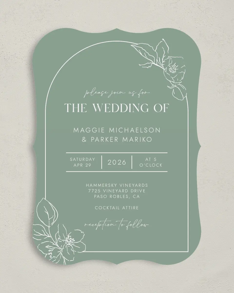 This is a 5" x 7" Bracket Wedding Invitation called Blossoming Arch printed in full color with Silver foil on Luxe Satin (coated) paper