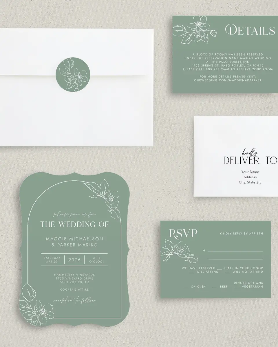 This is a 5" x 7" Bracket Wedding Invitation called Blossoming Arch printed in full color with Silver foil on Luxe Satin (coated) paper
