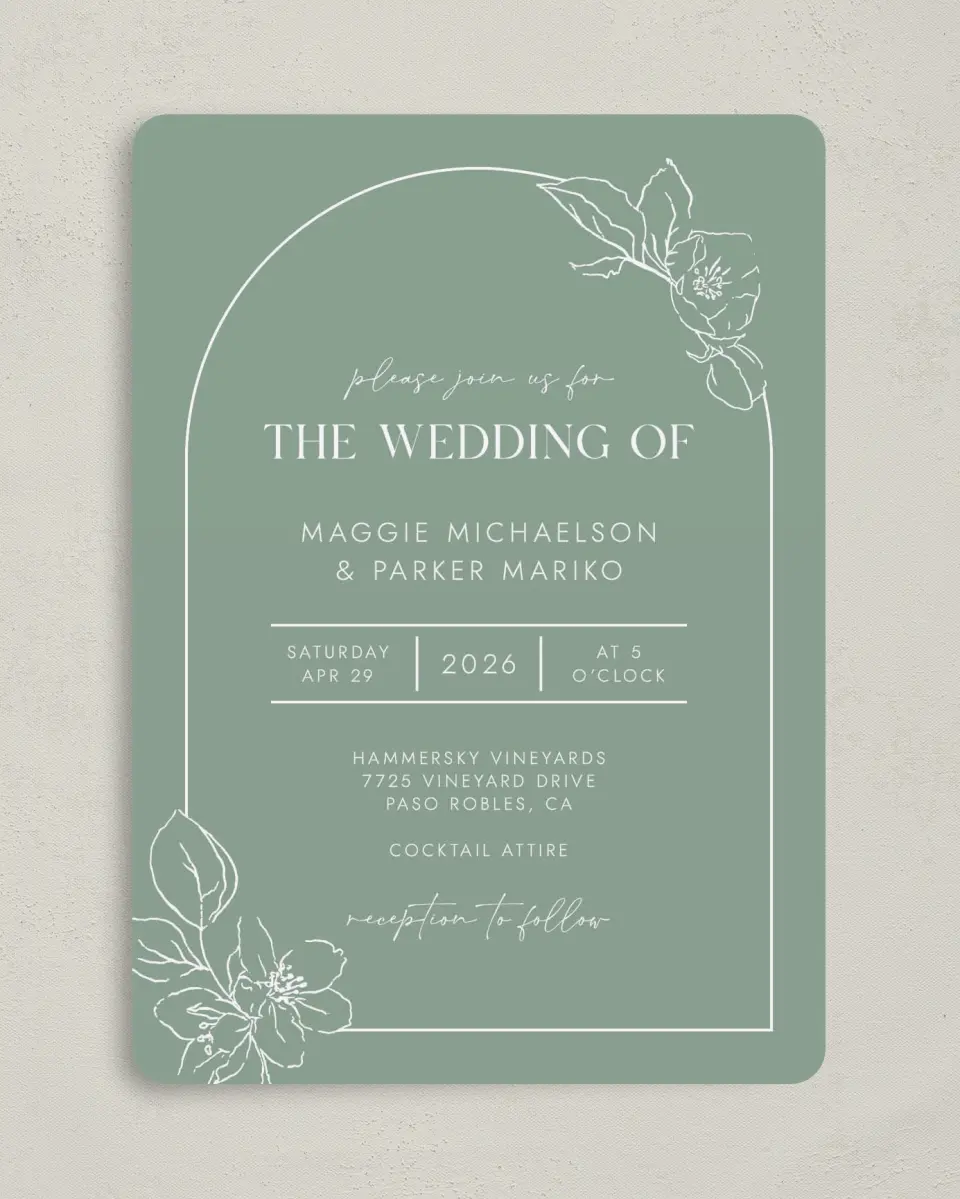 This is a 5" x 7" Rounded Wedding Invitation called Blossoming Arch printed in full color on Premium Smooth paper