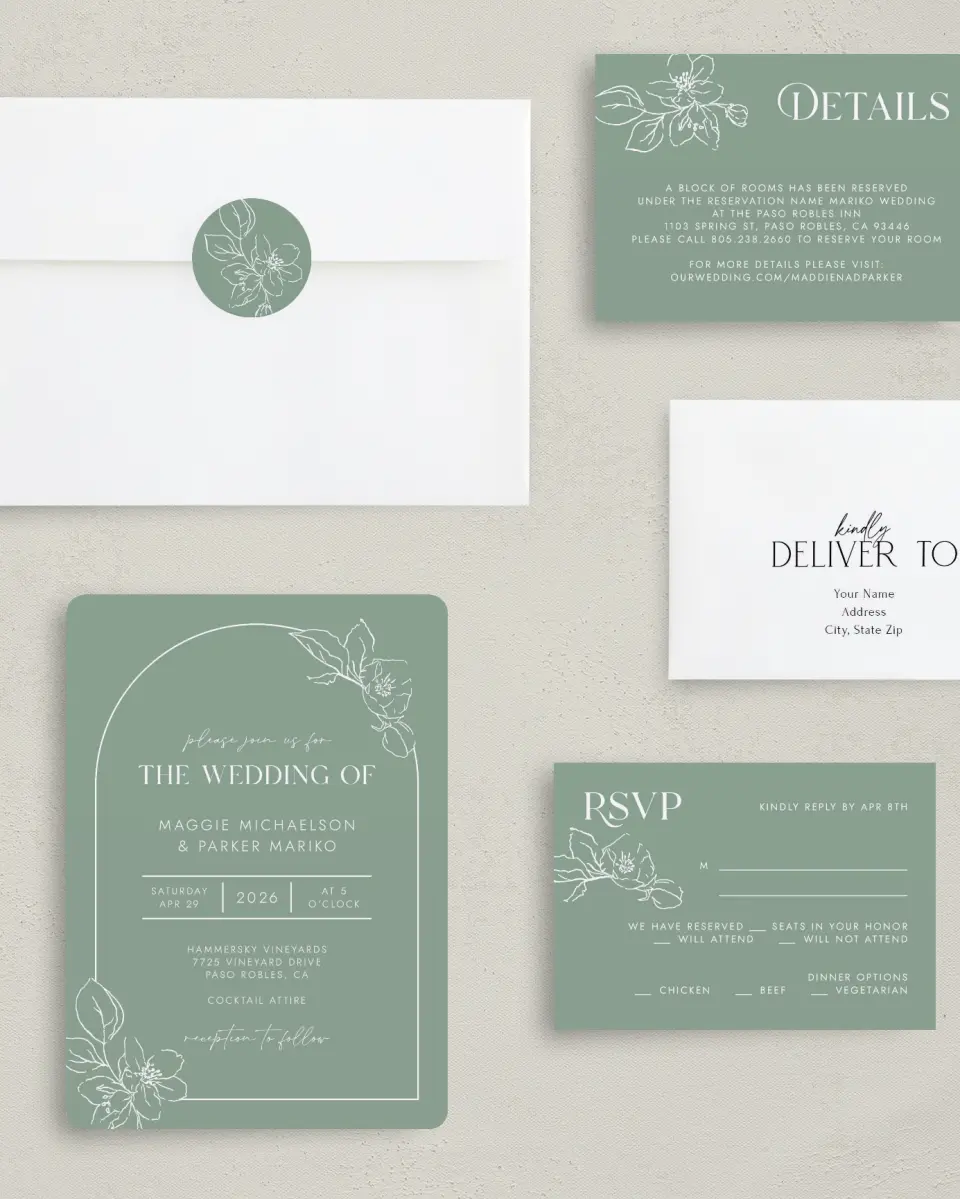 This is a 5" x 7" Rounded Wedding Invitation called Blossoming Arch printed in full color with Silver foil on Luxe Satin (coated) paper