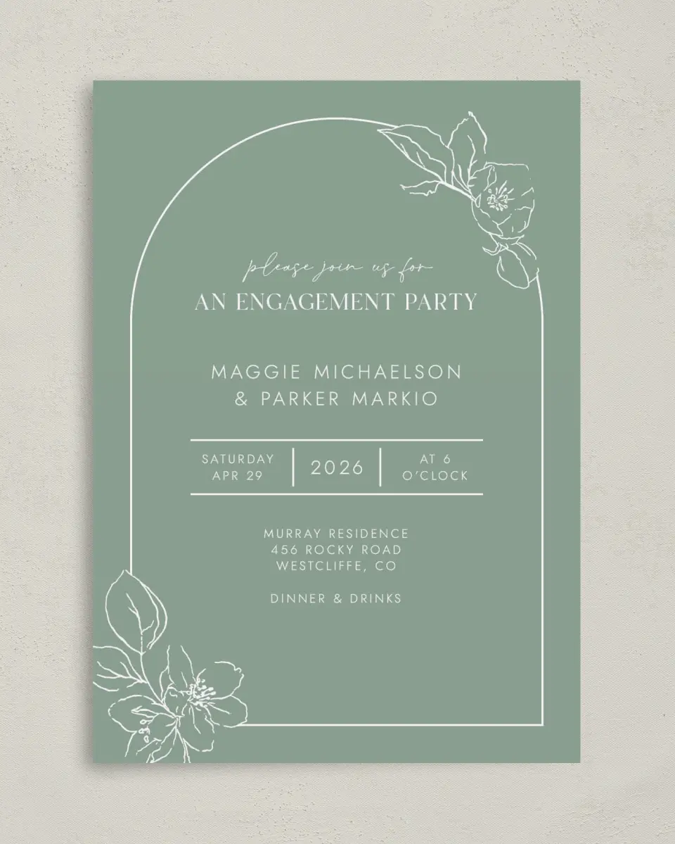 This is a 5" x 7" Engagement Party Invitation called Blossoming Arch printed in full color on Premium Smooth paper