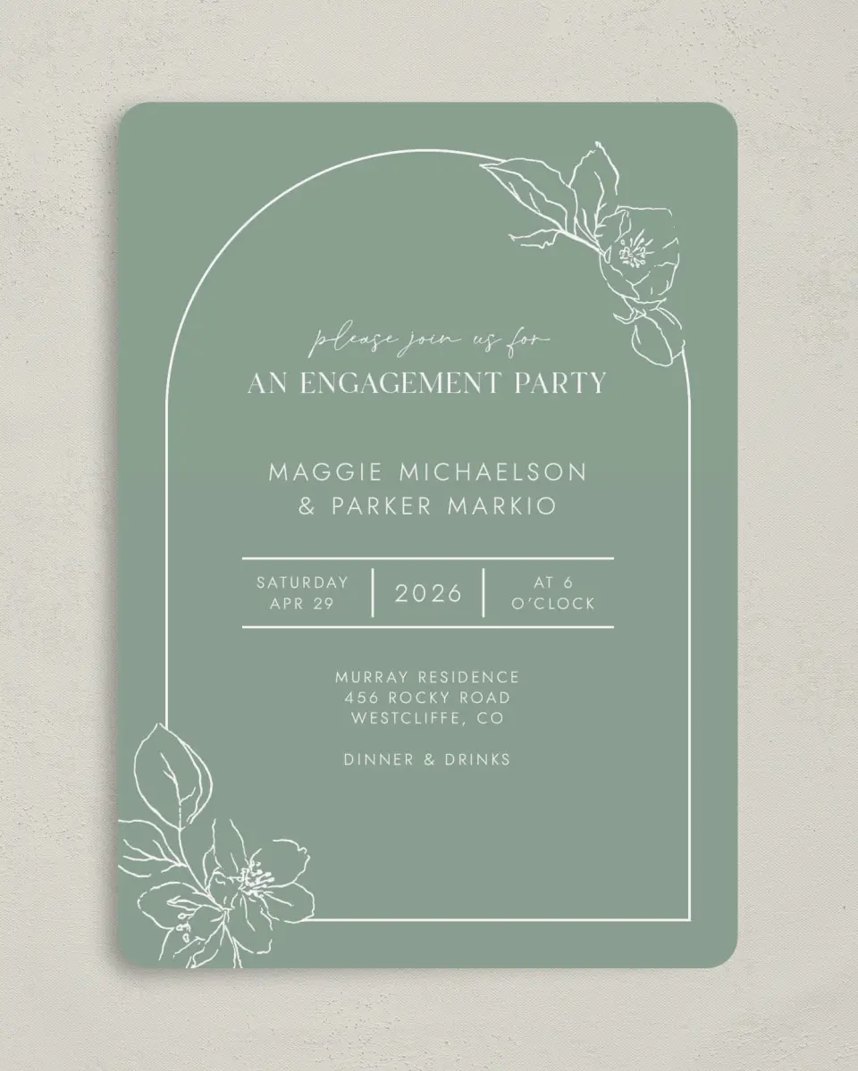 This is a 5" x 7" Engagement Party Invitation called Blossoming Arch printed in full color with Silver foil on Luxe Satin (coated) paper