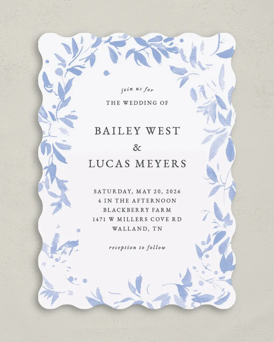 This is a 5" x 7" Wavy Wedding Invitation called Soft Botanics printed in full color on Premium Smooth paper